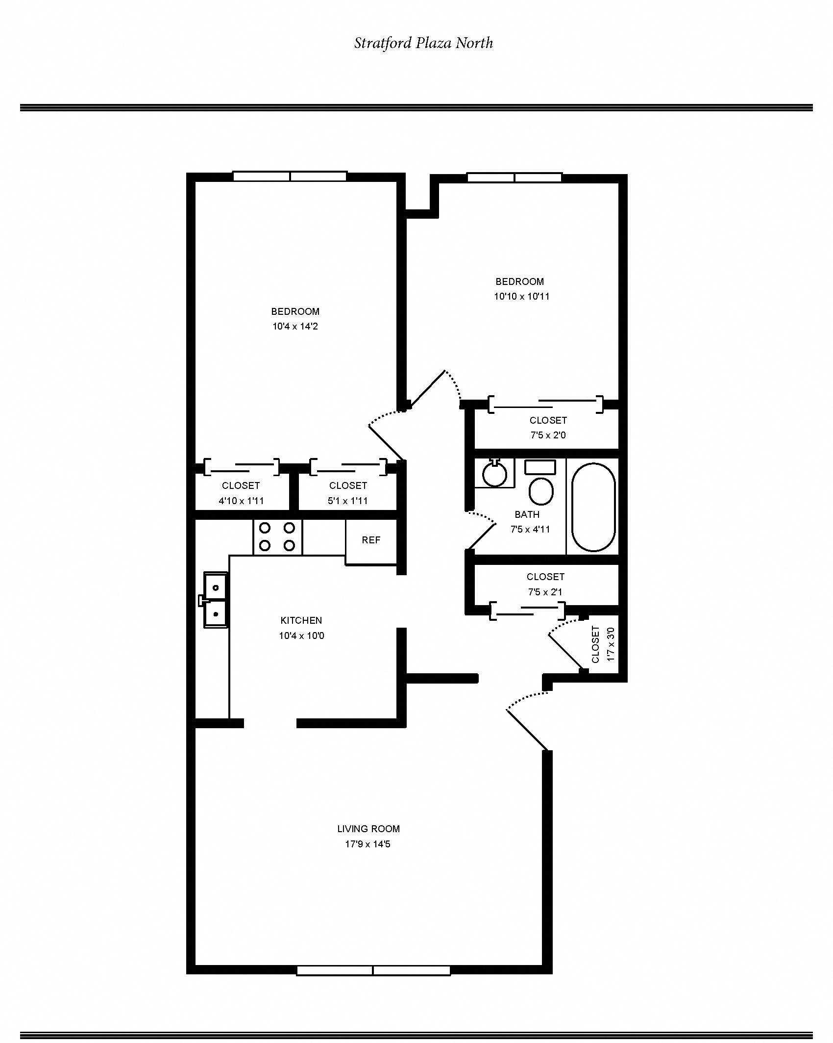 Floor plan for 2 beds, 1 bath, 830 sqft